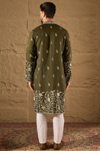 Olive Chanderi Silk Embroidered Straight Kurta HOPMKU1319