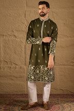 Olive Chanderi Silk Embroidered Straight Kurta HOPMKU1319