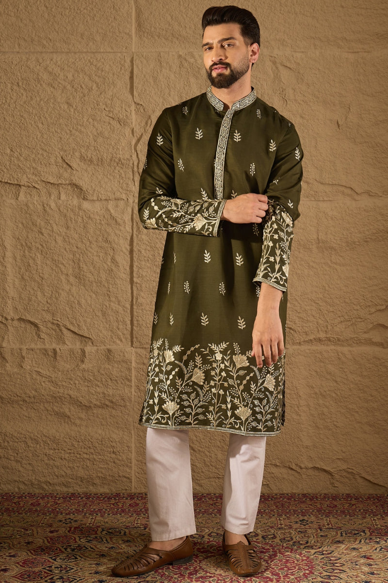 Olive Chanderi Silk Embroidered Straight Kurta HOPMKU1319