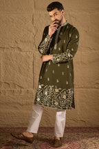 Olive Chanderi Silk Embroidered Straight Kurta HOPMKU1319