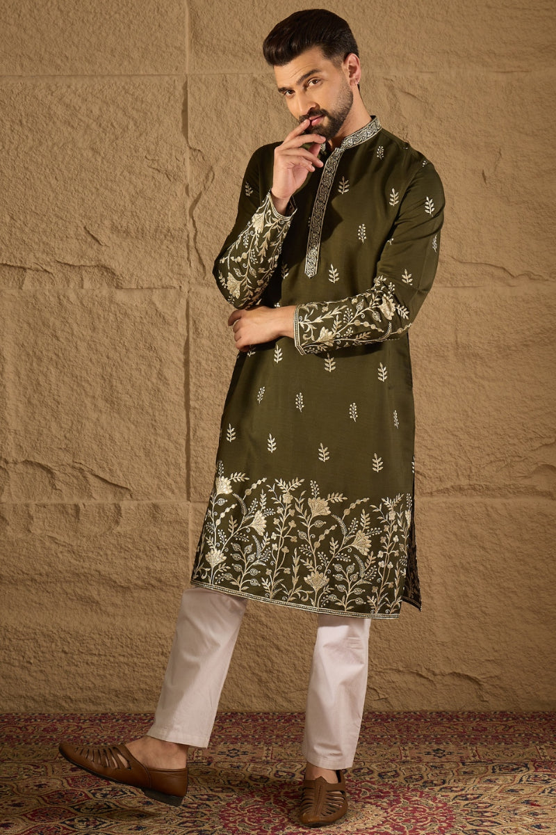 Olive Chanderi Silk Embroidered Straight Kurta HOPMKU1319
