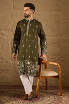 Olive Chanderi Silk Embroidered Straight Kurta HOPMKU1319