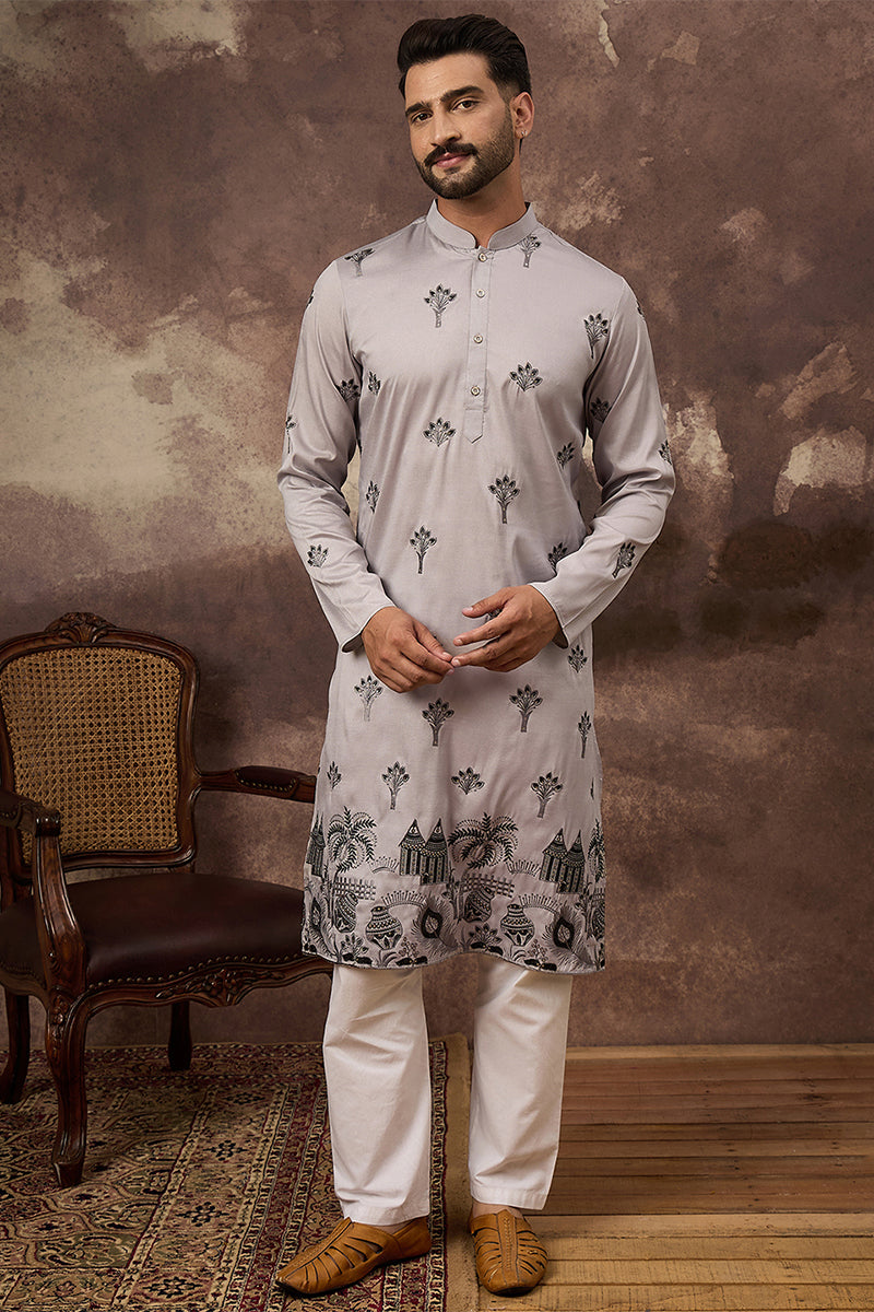 Grey Silk Solid Embroidered Straight Kurta MKU1326