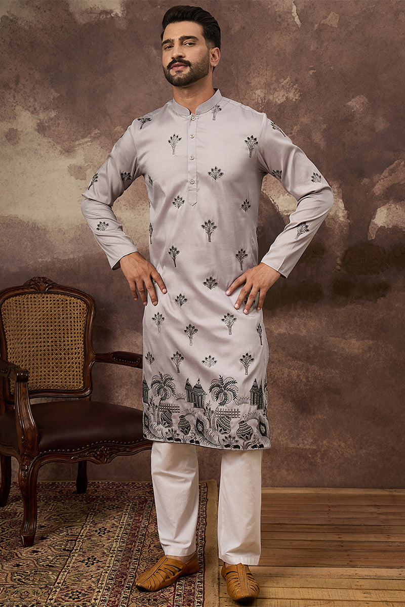Grey Silk Solid Embroidered Straight Kurta MKU1326