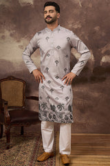 Grey Silk Solid Embroidered Straight Kurta MKU1326