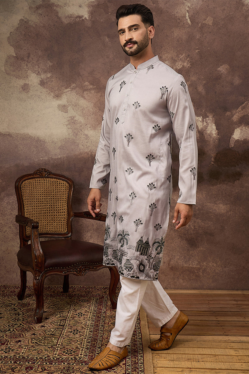 Grey Silk Solid Embroidered Straight Kurta MKU1326
