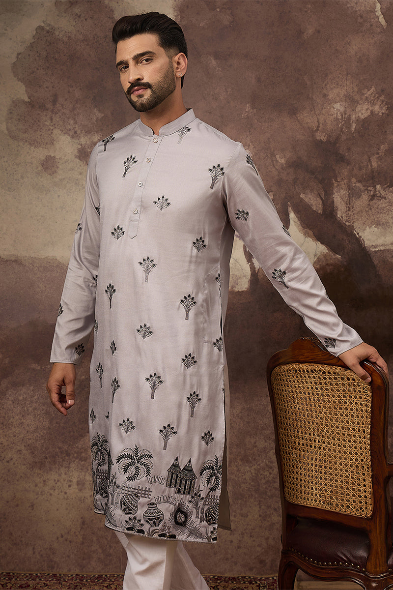 Grey Silk Solid Embroidered Straight Kurta MKU1326