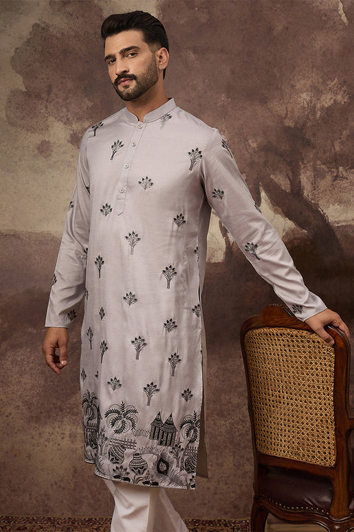 Grey Silk Solid Embroidered Straight Kurta MKU1326