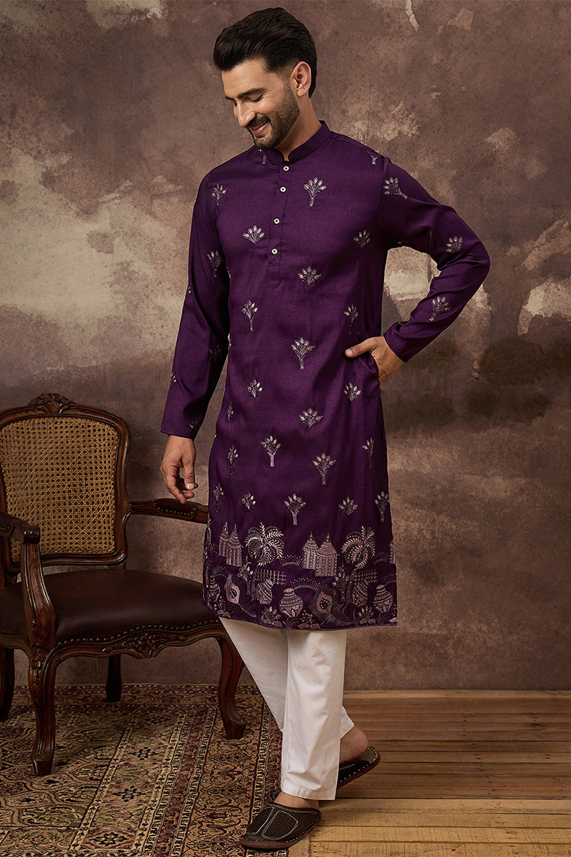 Purple Silk Blend Solid Embroidered Straight Kurta MKU1327