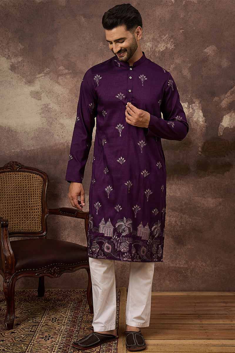 Purple Silk Blend Solid Embroidered Straight Kurta MKU1327