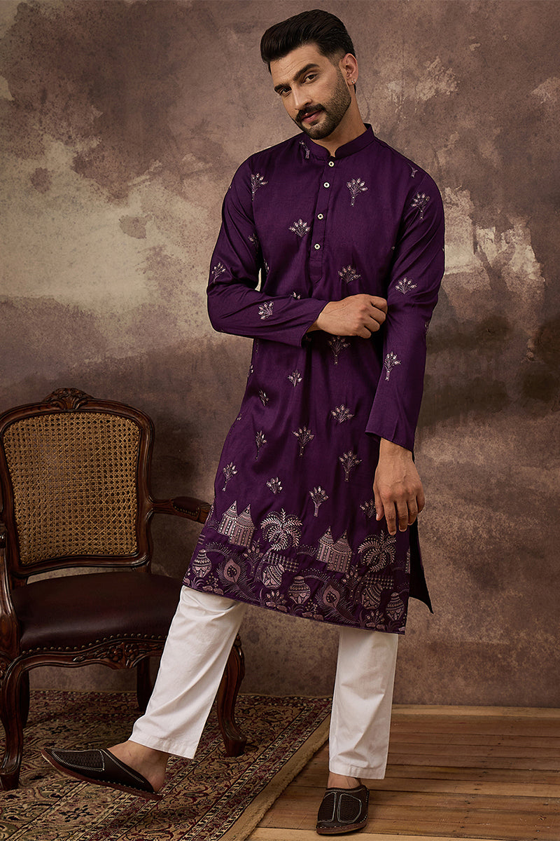 Purple Silk Blend Solid Embroidered Straight Kurta MKU1327