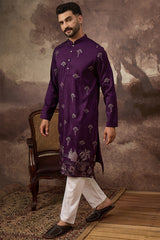 Purple Silk Blend Solid Embroidered Straight Kurta MKU1327