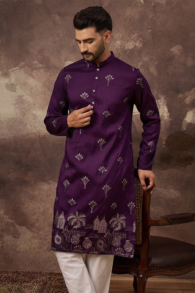 Purple Silk Blend Solid Embroidered Straight Kurta MKU1327