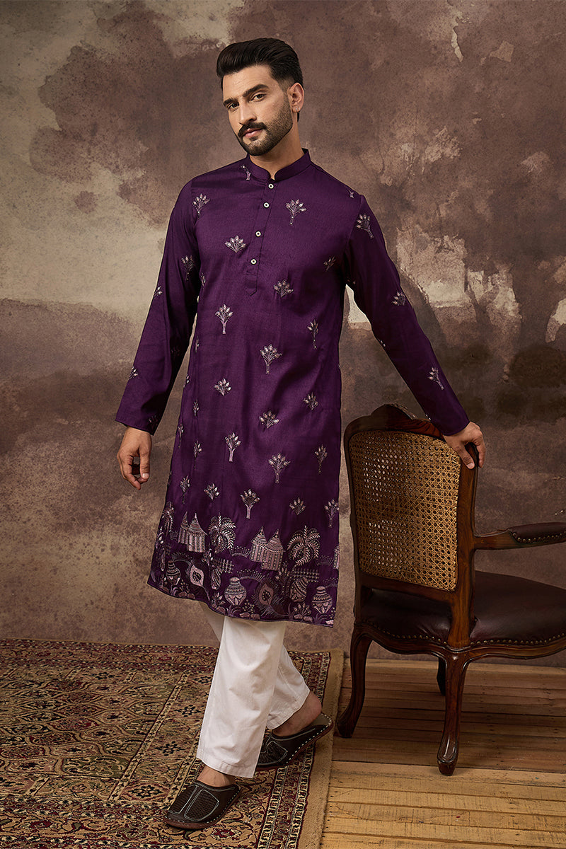 Purple Silk Blend Solid Embroidered Straight Kurta MKU1327