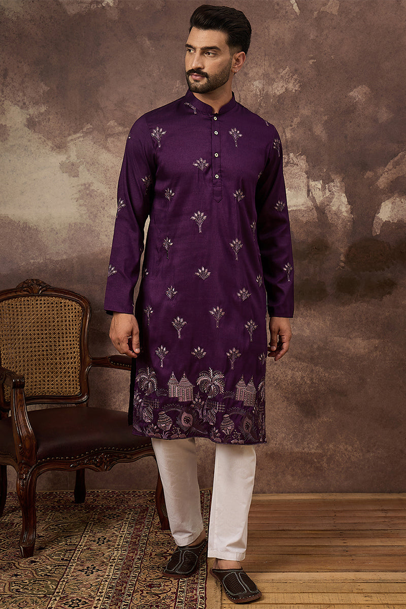Purple Silk Blend Solid Embroidered Straight Kurta MKU1327