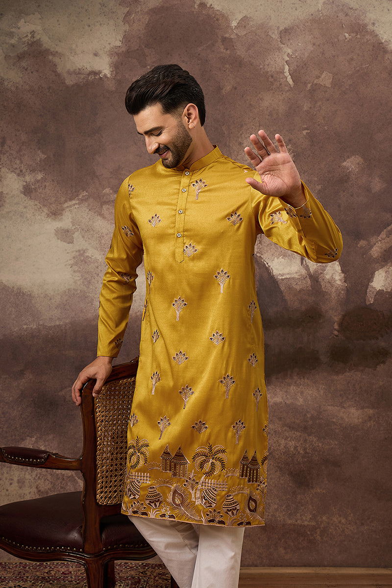 Yellow Silk Solid Embroidered Straight Kurta MKU1328