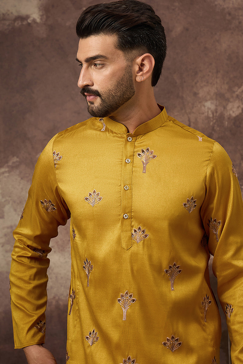 Yellow Silk Solid Embroidered Straight Kurta MKU1328