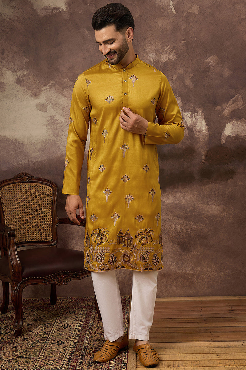 Yellow Silk Solid Embroidered Straight Kurta MKU1328