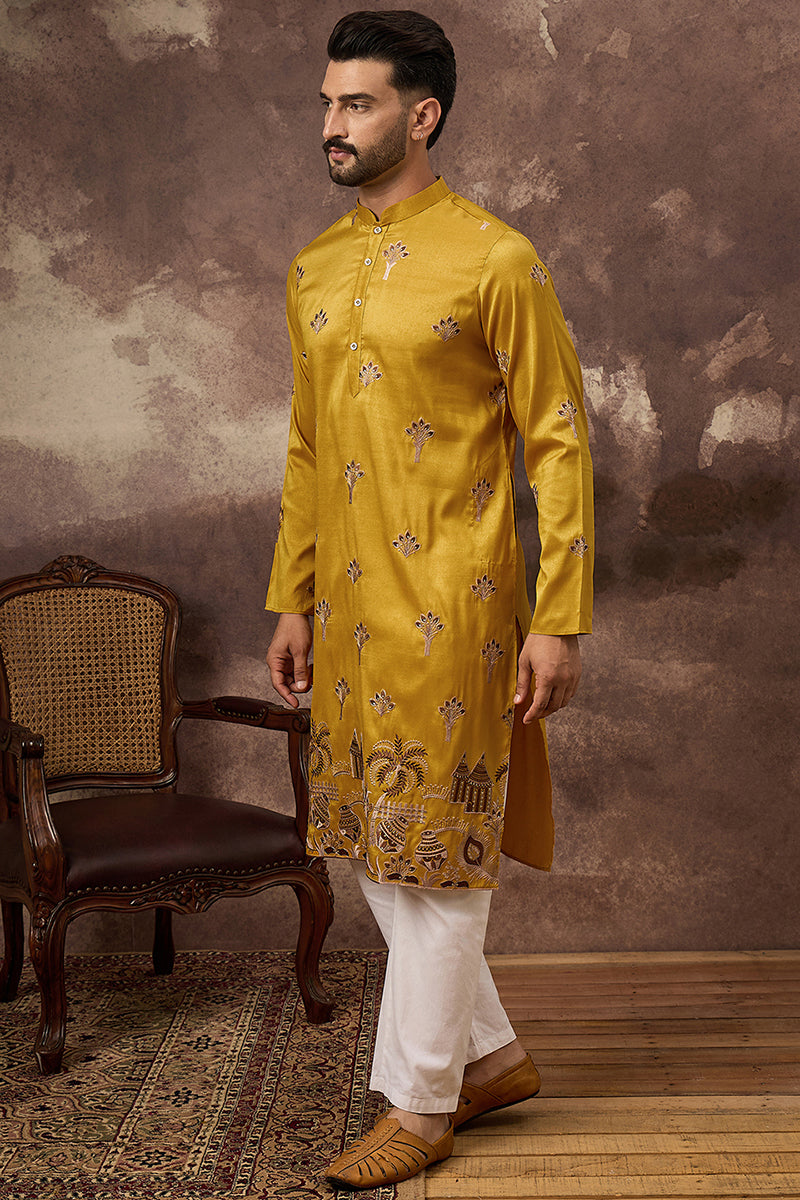 Yellow Silk Solid Embroidered Straight Kurta MKU1328