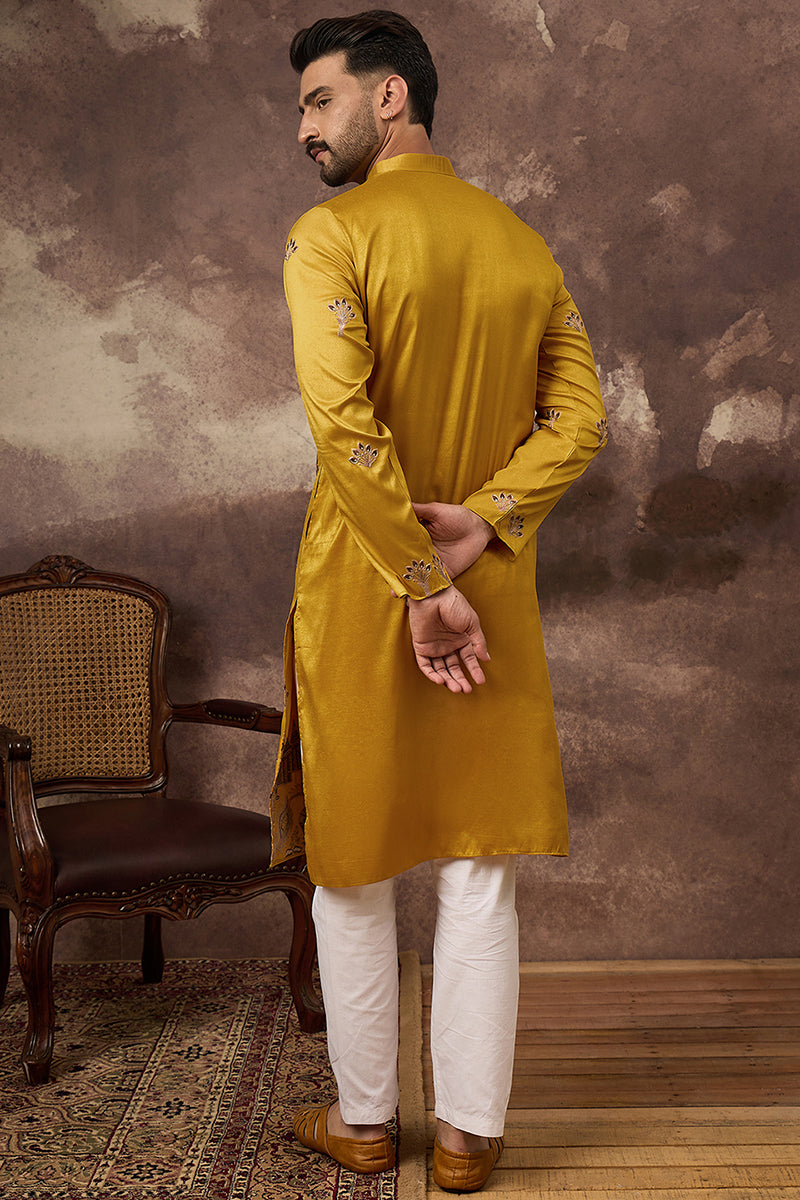 Yellow Silk Solid Embroidered Straight Kurta MKU1328