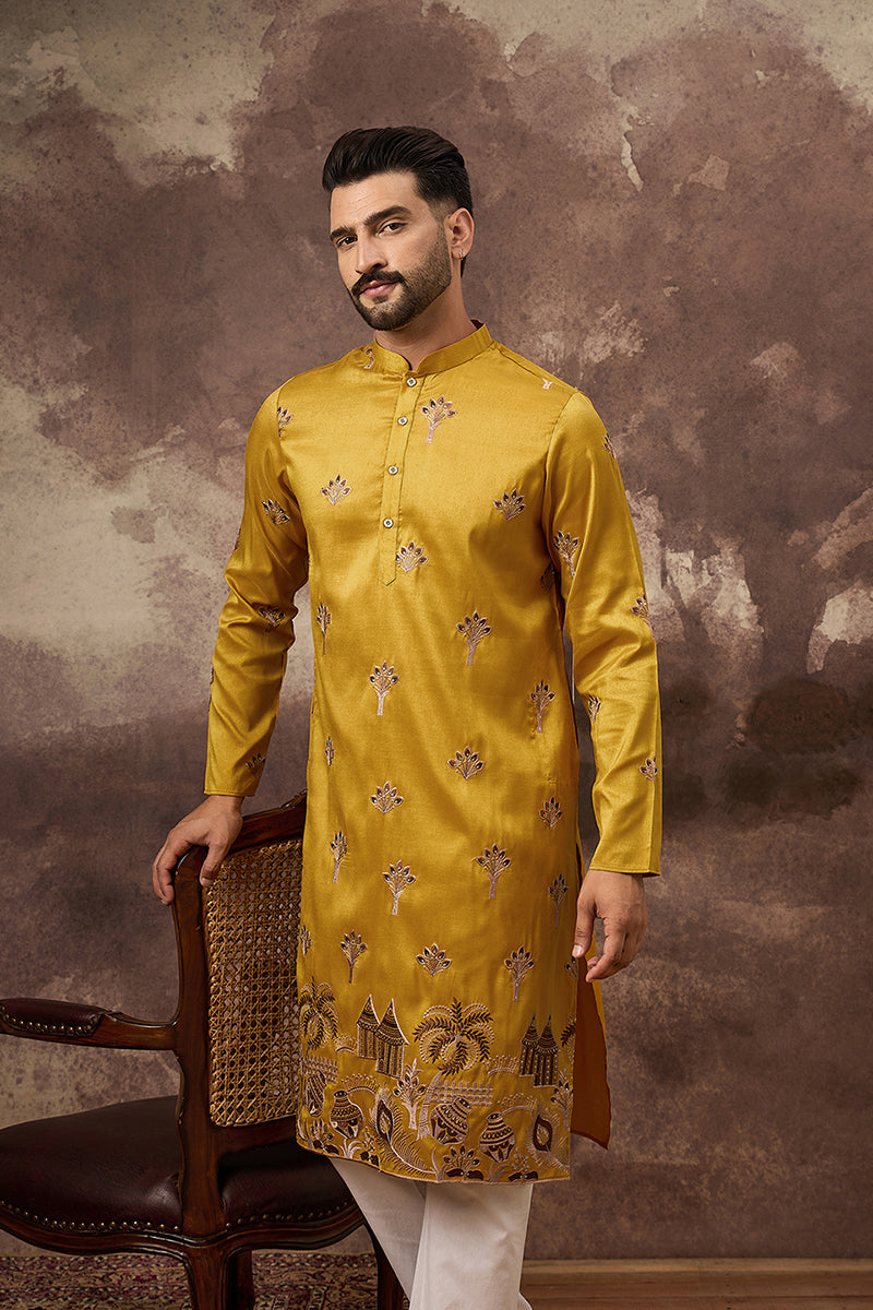 Yellow Silk Solid Embroidered Straight Kurta MKU1328
