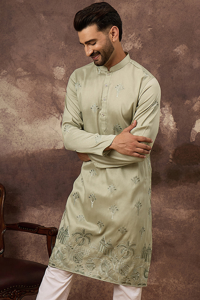 Green Silk Solid Embroidered Straight Kurta MKU1330
