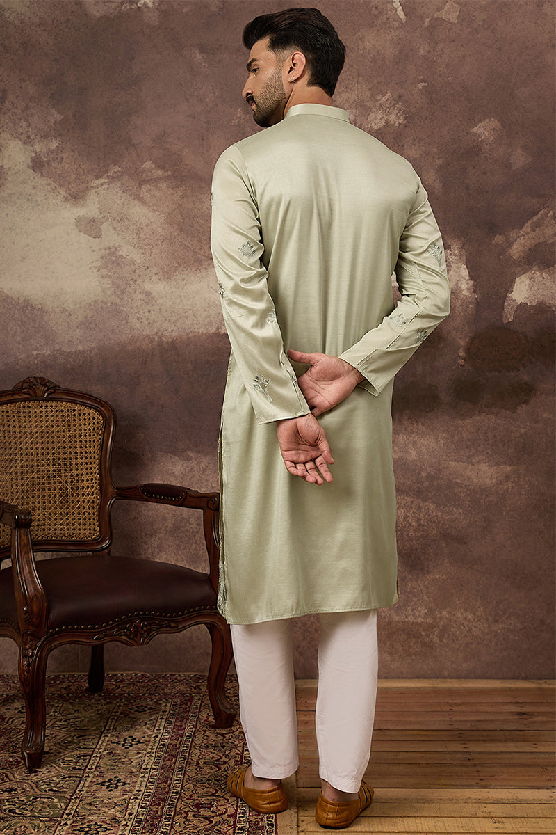 Green Silk Solid Embroidered Straight Kurta MKU1330