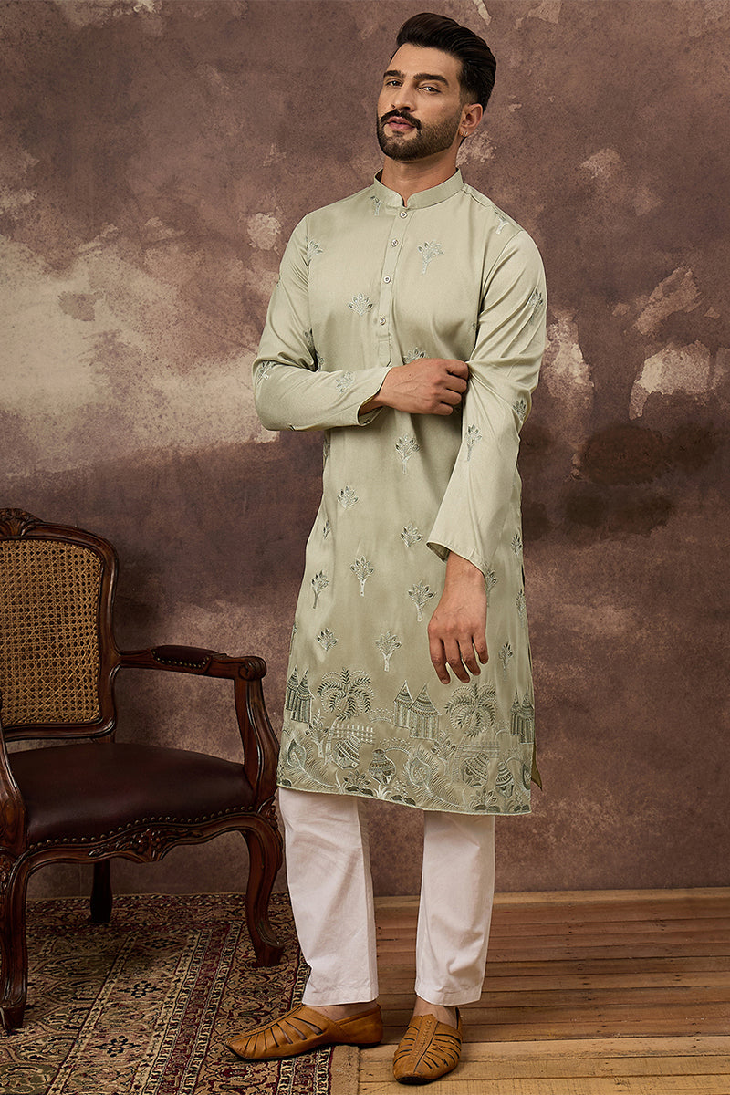 Green Silk Solid Embroidered Straight Kurta MKU1330