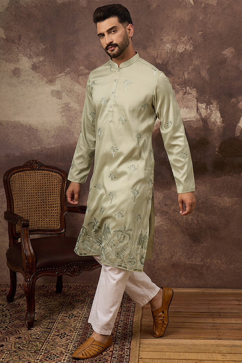Green Silk Solid Embroidered Straight Kurta MKU1330