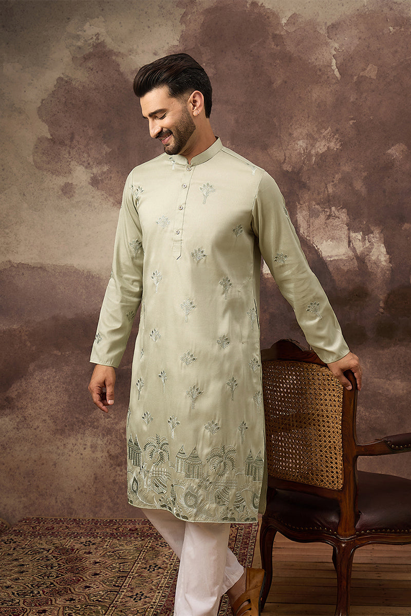 Green Silk Solid Embroidered Straight Kurta MKU1330