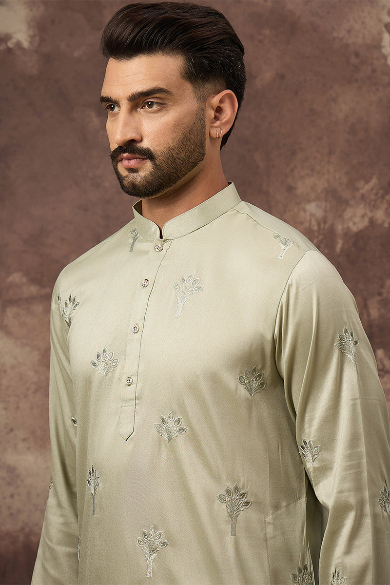 Green Silk Solid Embroidered Straight Kurta MKU1330