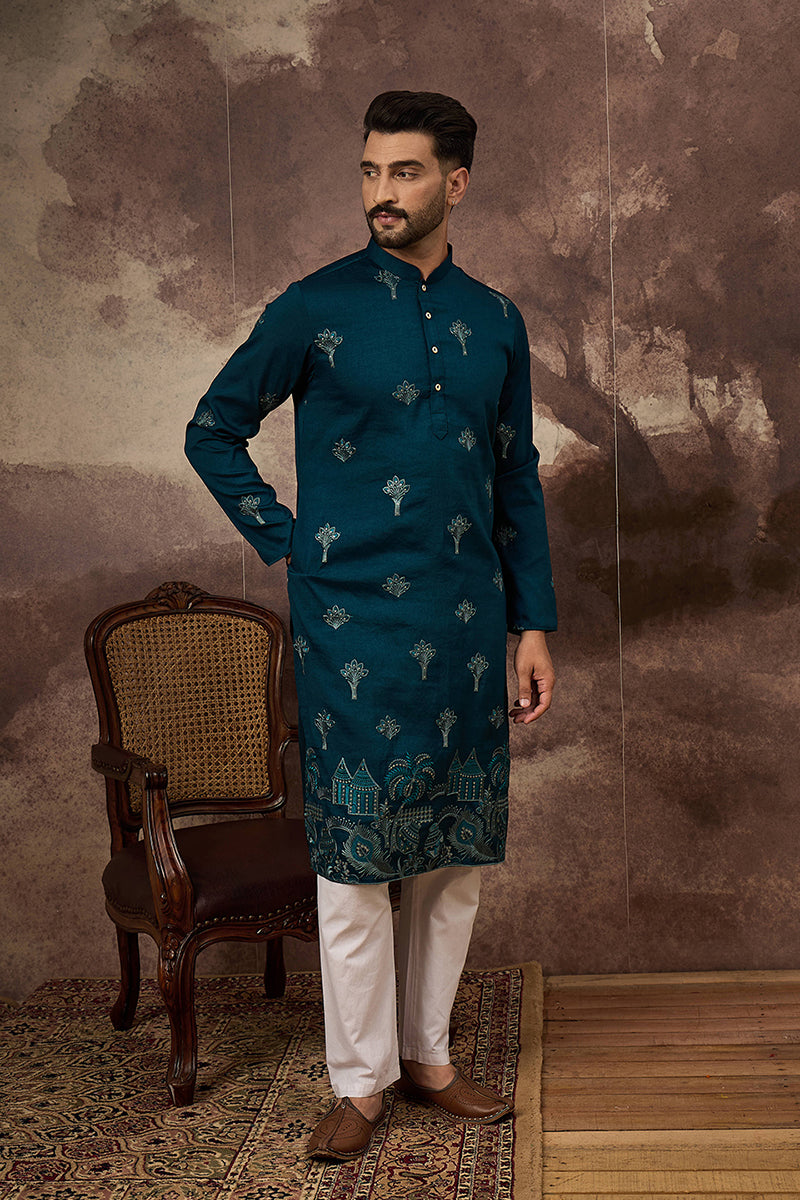 Blue Silk Blend Solid Embroidered Straight Kurta MKU1331