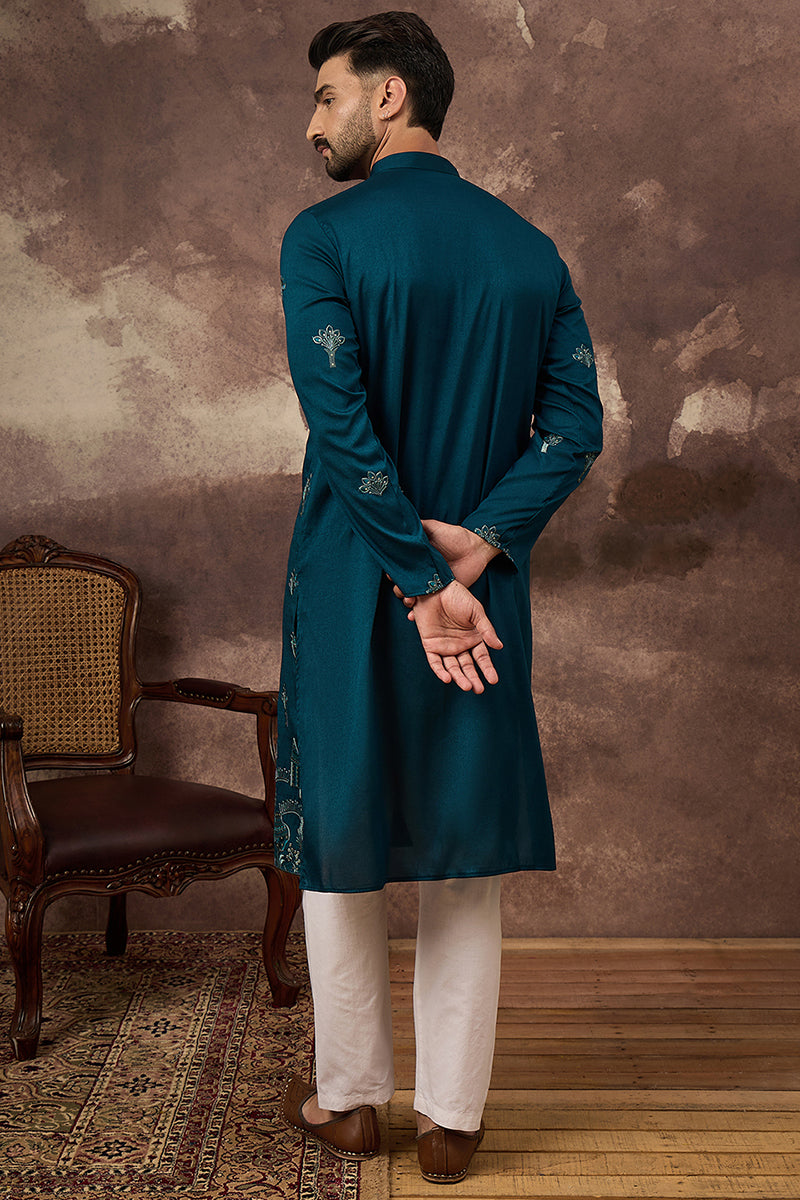 Blue Silk Blend Solid Embroidered Straight Kurta MKU1331