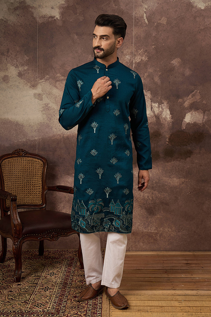Blue Silk Blend Solid Embroidered Straight Kurta MKU1331