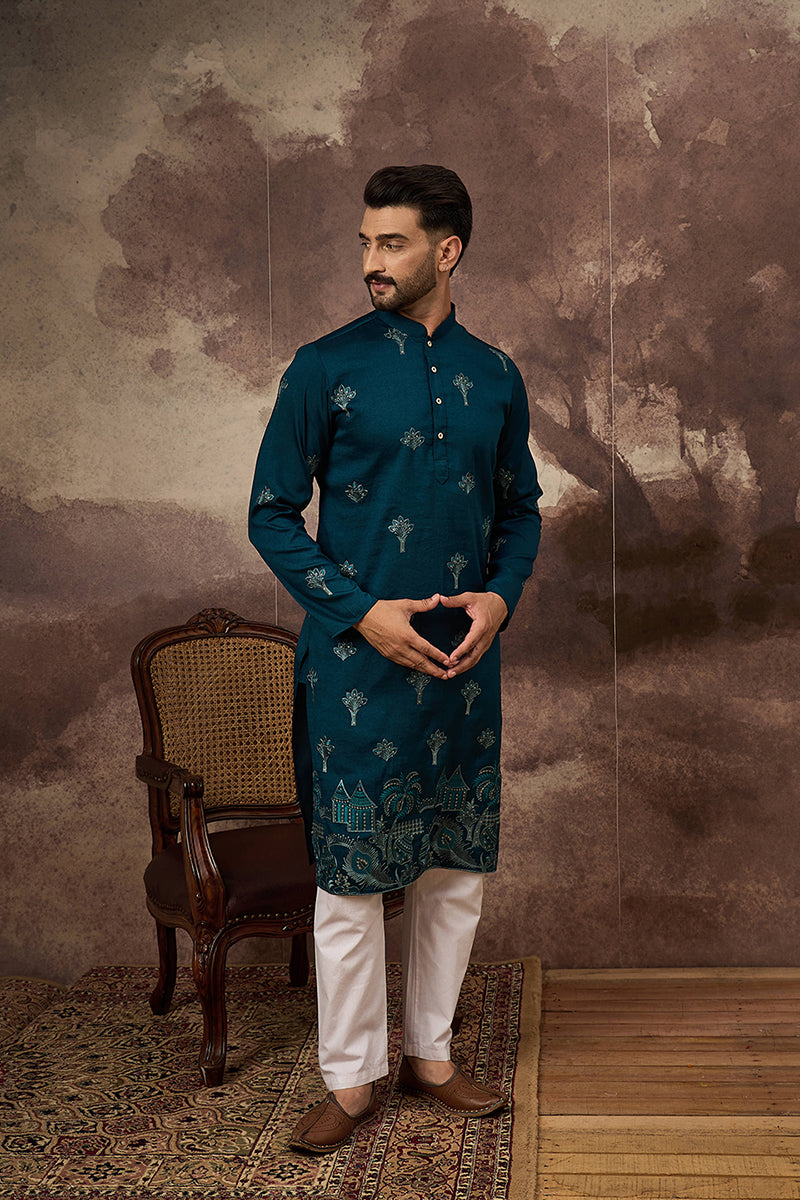 Blue Silk Blend Solid Embroidered Straight Kurta MKU1331