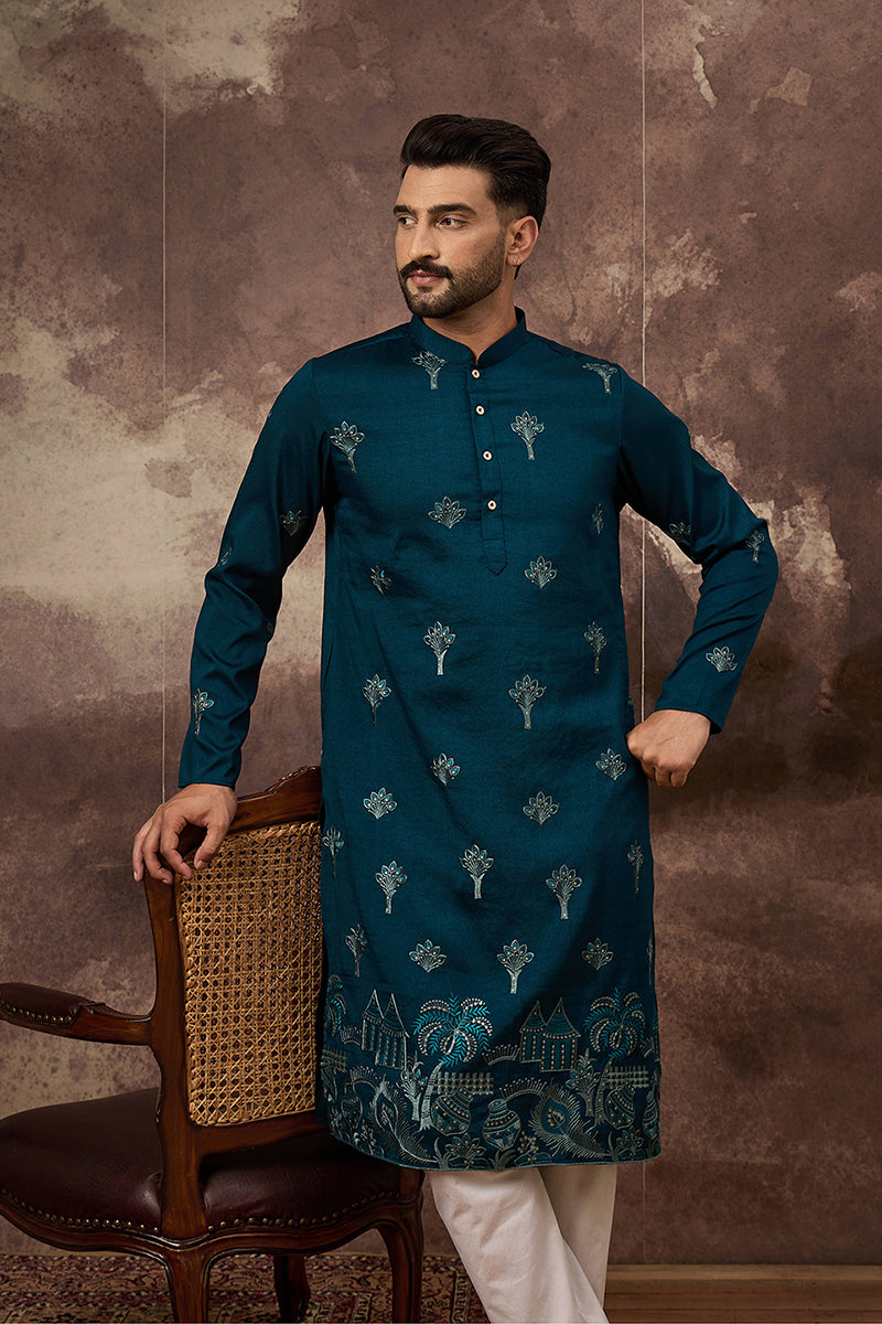 Blue Silk Blend Solid Embroidered Straight Kurta MKU1331