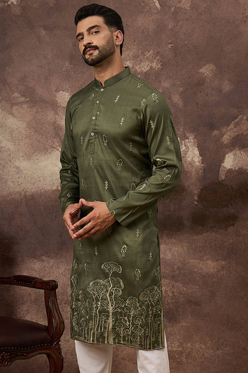 Green Silk Blend Solid Embroidered Straight Kurta MKU1332