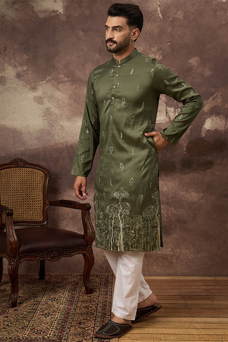 Green Silk Blend Solid Embroidered Straight Kurta MKU1332