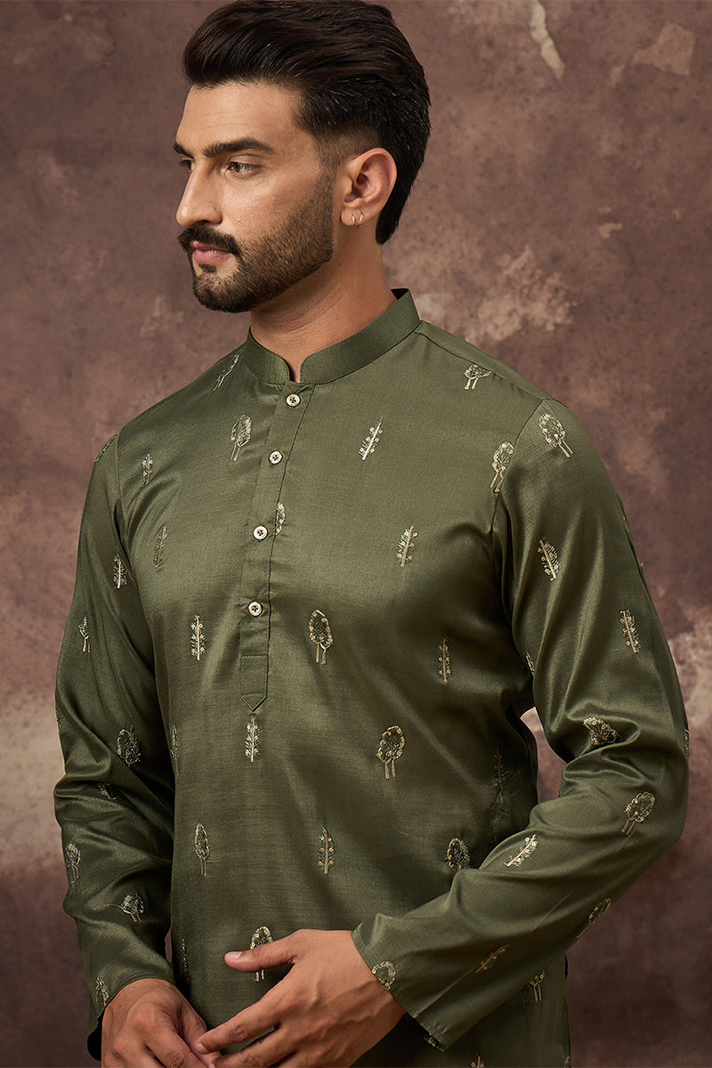 Green Silk Blend Solid Embroidered Straight Kurta MKU1332