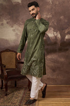 Green Silk Blend Solid Embroidered Straight Kurta MKU1332