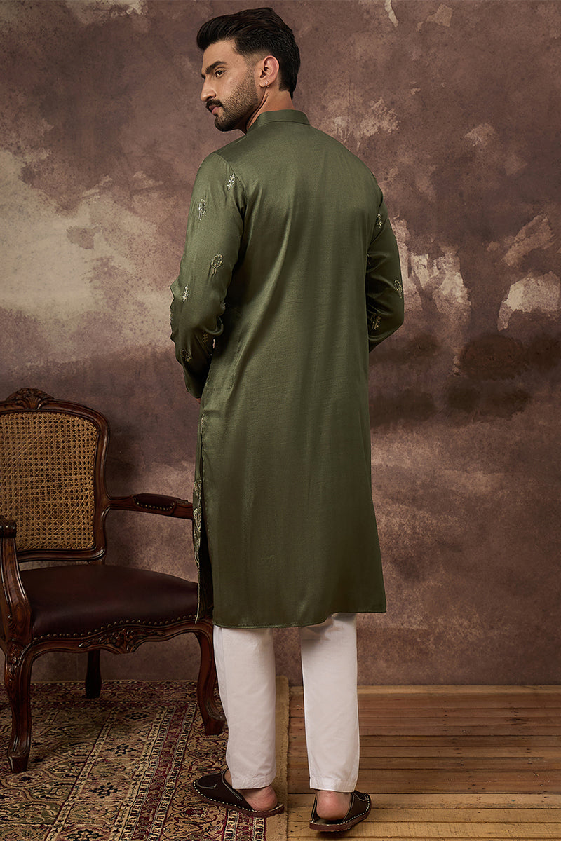 Green Silk Blend Solid Embroidered Straight Kurta MKU1332