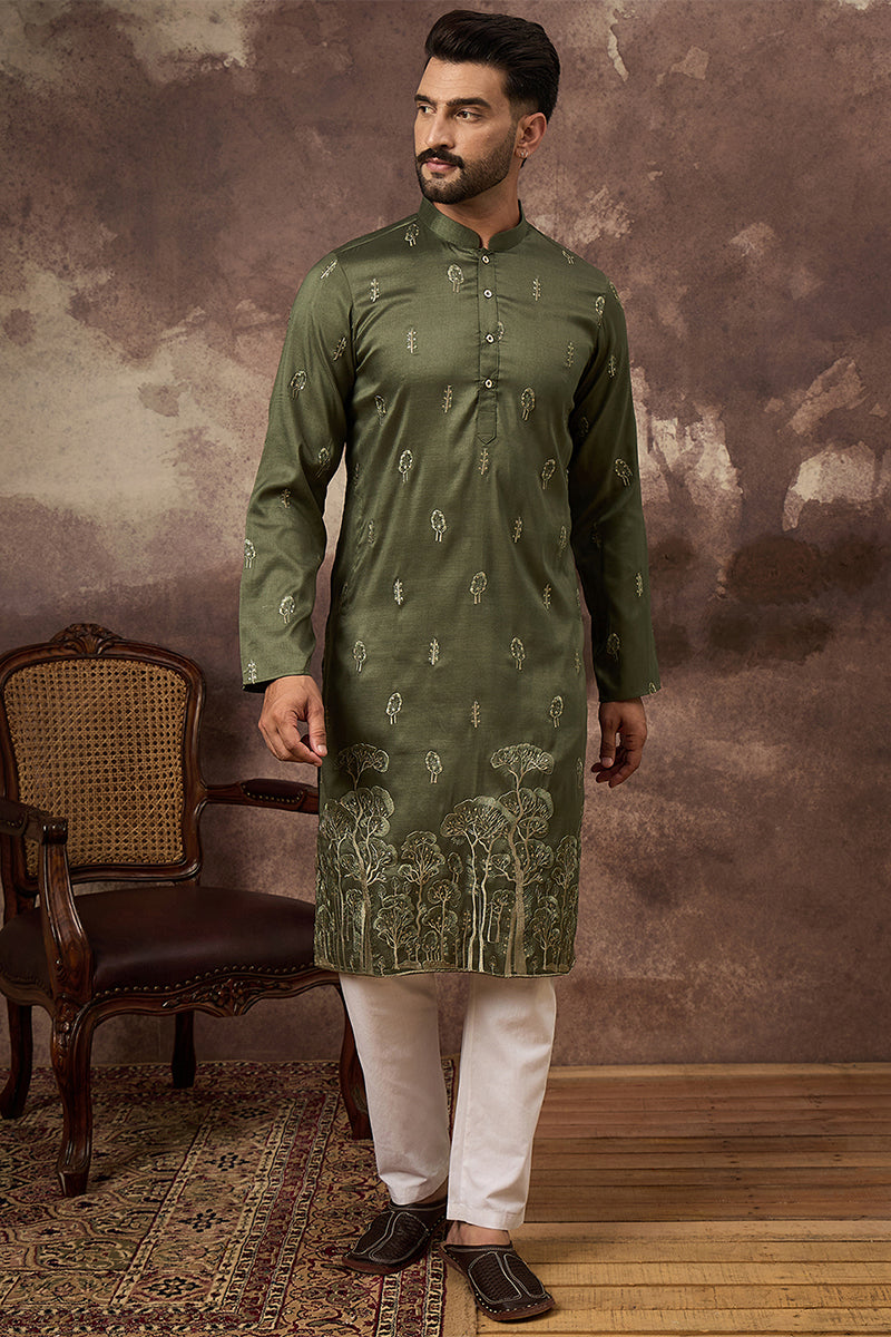 Green Silk Blend Solid Embroidered Straight Kurta MKU1332