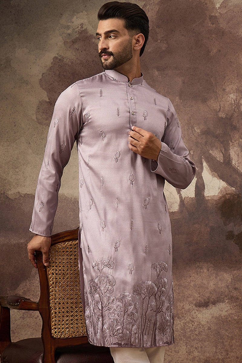 Lavender Silk Blend Solid Embroidered Straight Kurta MKU1333