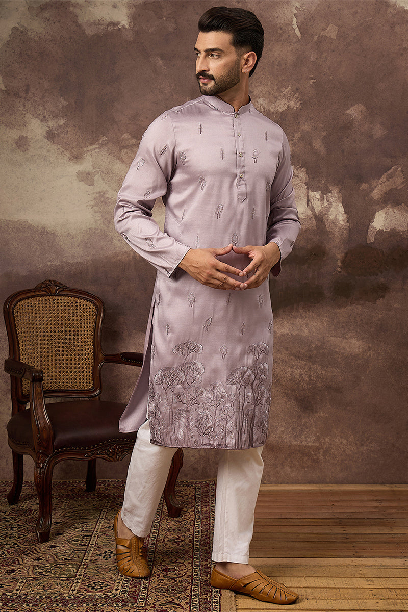 Lavender Silk Blend Solid Embroidered Straight Kurta MKU1333