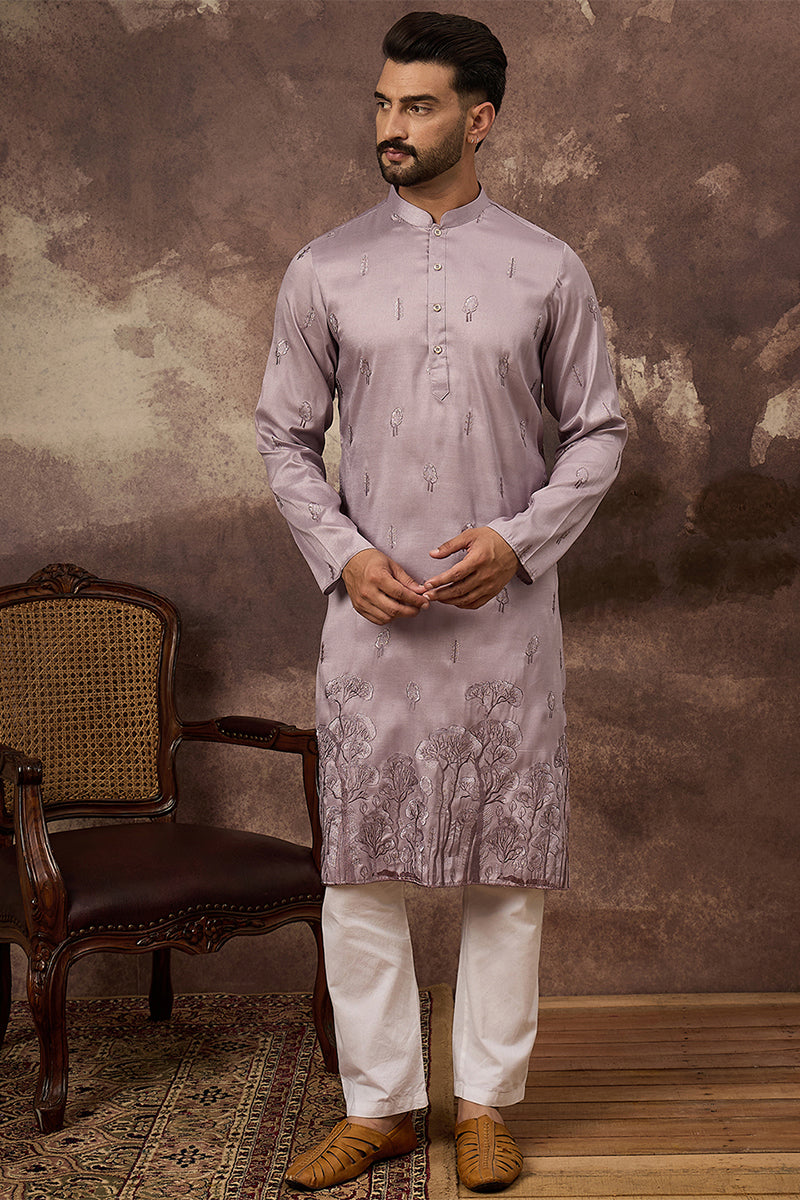 Lavender Silk Blend Solid Embroidered Straight Kurta MKU1333