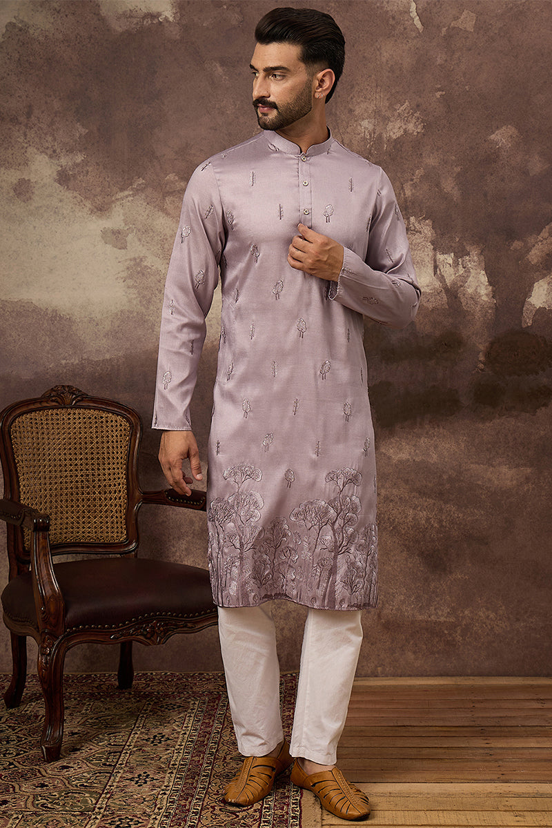 Lavender Silk Blend Solid Embroidered Straight Kurta MKU1333