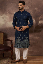 Navy Blue Silk Blend Solid Embroidered Straight Kurta MKU1334