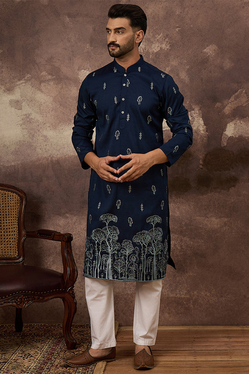 Navy Blue Silk Blend Solid Embroidered Straight Kurta MKU1334