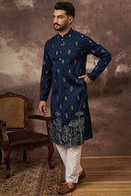Navy Blue Silk Blend Solid Embroidered Straight Kurta MKU1334