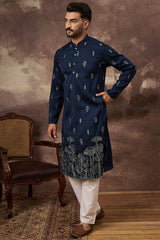 Navy Blue Silk Blend Solid Embroidered Straight Kurta MKU1334